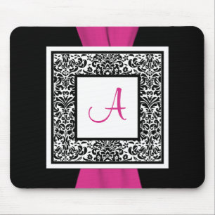 Tapis De Souris Noir de monogramme, rose, damassé blanche Mousepad