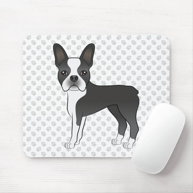 Tapis De Souris Noir Et Blanc Boston Terrier Cartoon Chien & Pâtes (Avec souris)
