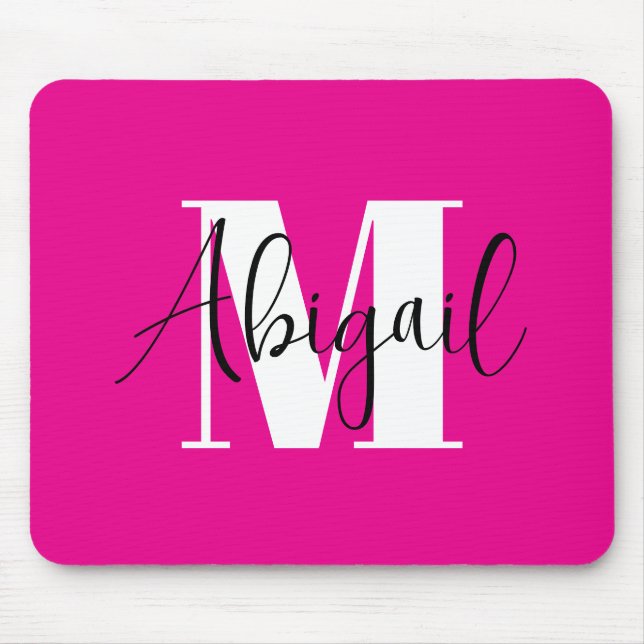 Tapis De Souris Noir et blanc Monogramme moderne rose chaud (Devant)