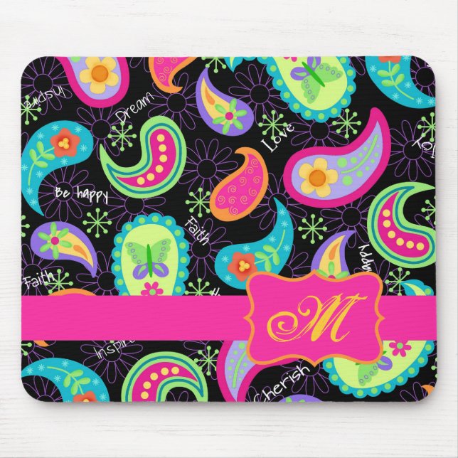 Tapis De Souris Noir Fuchsia rose moderne Paisson Monogramme (Devant)