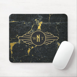 Tapis De Souris Noir Marbre trois lettres Monogramme Art Déco