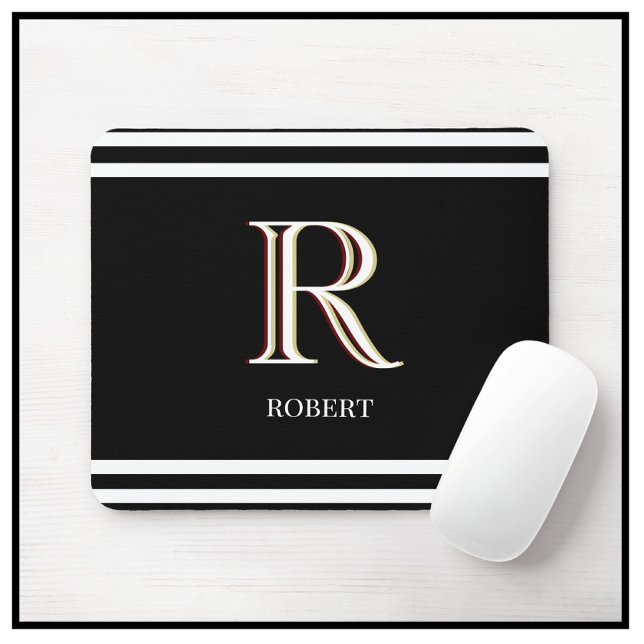 Tapis De Souris Noir moderne Blanc Personnalisé Nom Monogramme (Créateur téléchargé)