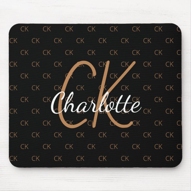 Tapis De Souris Noir or monogramme initiales nom script élégant (Devant)