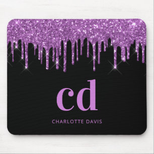 Tapis De Souris Noir parties scintillant violet rose monogramme in