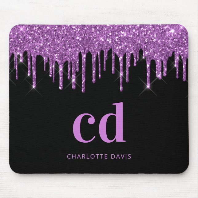 Tapis De Souris Noir parties scintillant violet rose monogramme in (Devant)