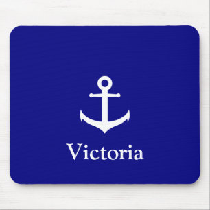 Tapis De Souris Nom bleu et blanc de la marine nautique Texte avec