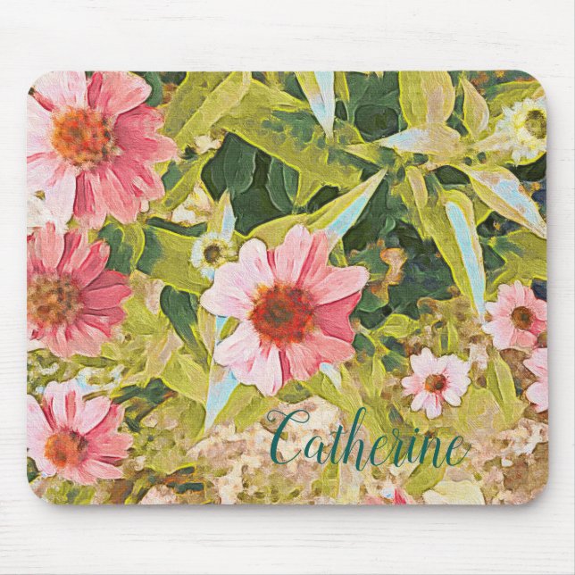 Tapis De Souris Nom Confleur rose personnalisé Art Feuille vert (Devant)