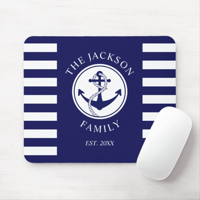 Tapis De Souris Nom de famille Ancre nautique Motif Blue Stripes (Avec souris)