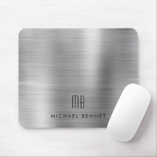 Tapis De Souris Nom de monogramme métallisé gris argent élégant