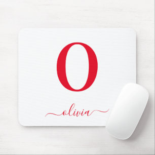 Tapis De Souris Nom De Script Monogramme Personnalisé Blanc Et Rou