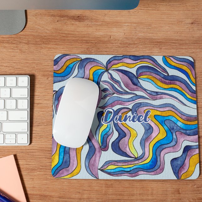 Tapis De Souris Nom de script ondulé violet bleu vert rétro groovy (Front)