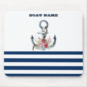Tapis De Souris Nom du bateau, fleurs d'ancre bleu marine rayées 