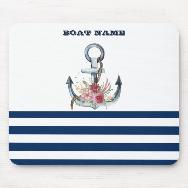 Tapis De Souris Nom du bateau, Fleurs d'Ancres Bleus de marine (Devant)