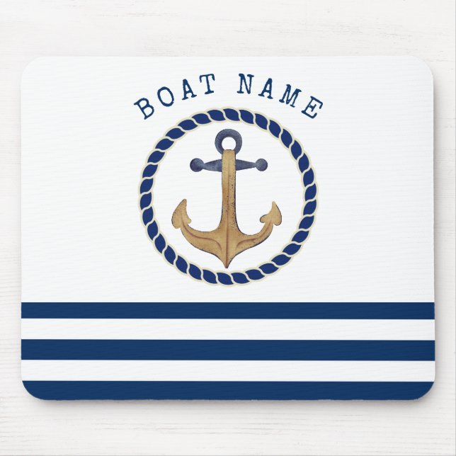Tapis De Souris Nom du bateau nautique, Ancre rétro bleu marine (Devant)