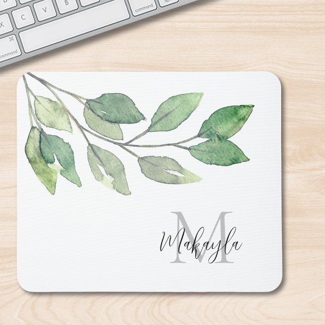 Tapis De Souris Nom du monogramme Aquarelle Verdure (Créateur téléchargé)