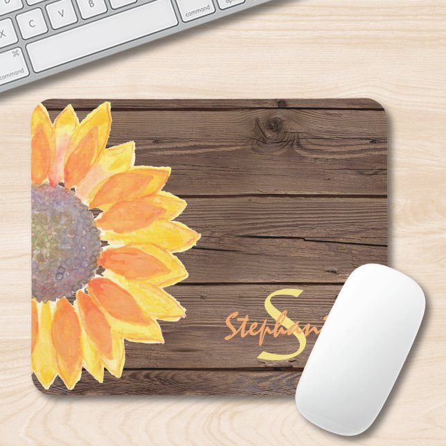Tapis De Souris Nom du monogramme Bois de tournesol rustique (Créateur téléchargé)