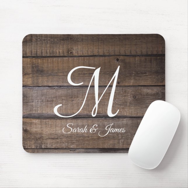 Tapis De Souris Nom du monogramme de script de bois rustique (Avec souris)