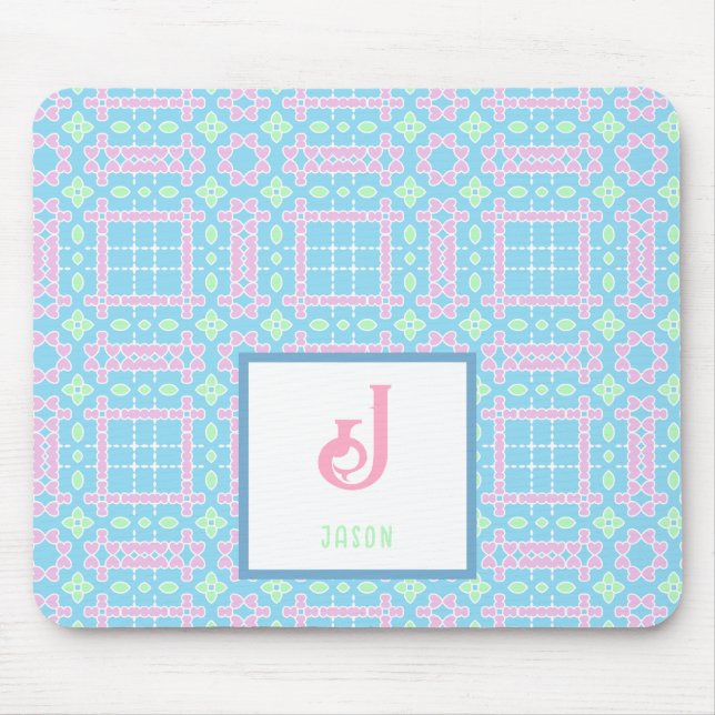 Tapis De Souris Nom du monogramme Neon rose Motif Coeurs bleus (Devant)