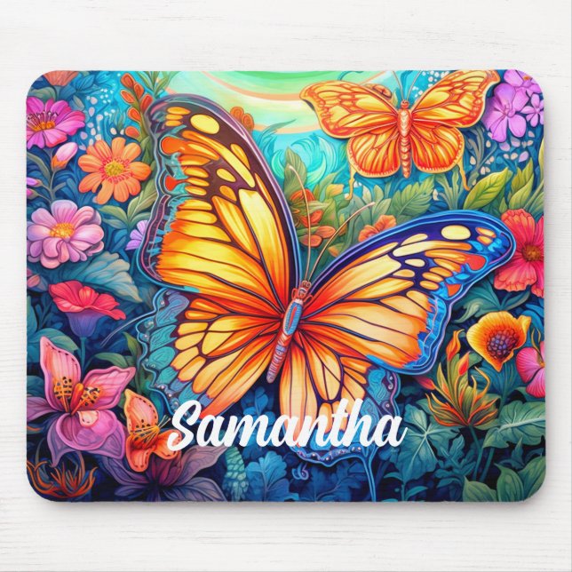 Tapis De Souris Nom du monogramme personnalisé de papillon rétro (Devant)