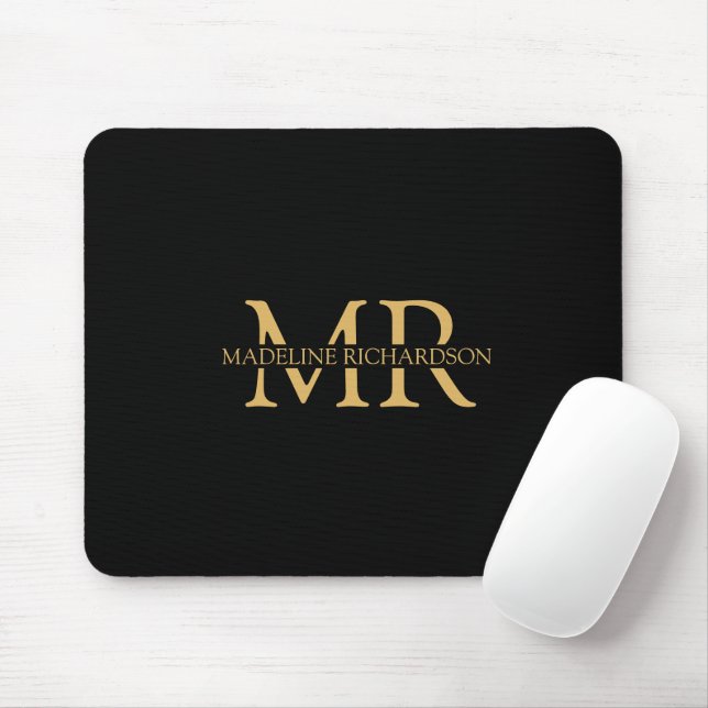 Tapis De Souris Nom du monogramme professionnel Black Gold Initial (Avec souris)