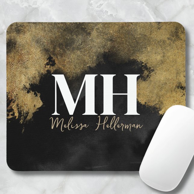 Tapis De Souris Nom du script Black Gold Monogramme (Black Gold Script Name Monogram Mouse Pad)