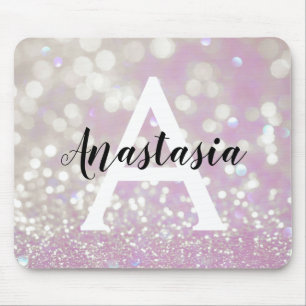 Tapis De Souris Nom en monogramme paillettes scintillantes lilas g