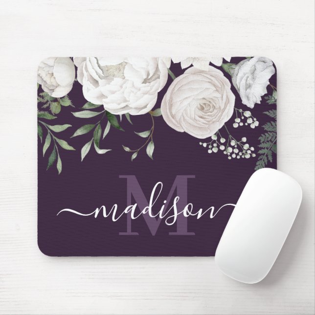 Tapis De Souris Nom floral blanc violet personnalisé Monogramme (Avec souris)