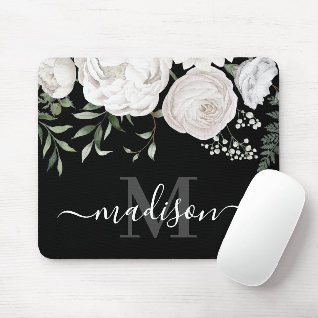 Tapis De Souris Nom floral noir blanc personnalisé Monogramme (Avec souris)