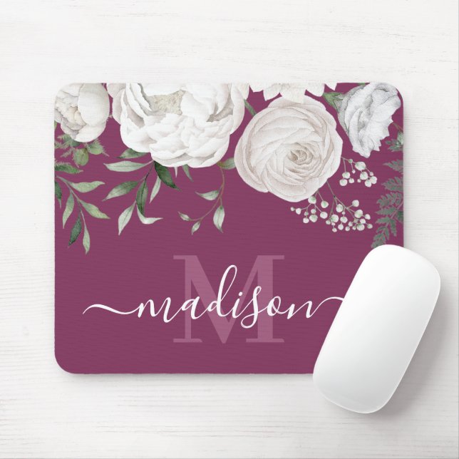 Tapis De Souris Nom floral rose blanc personnalisé Monogramme (Avec souris)