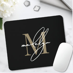 Tapis De Souris Nom initial monogrammé en écriture Or Noir
