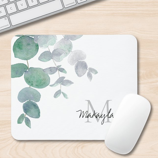 Tapis De Souris Nom Monogram Eucalyptus Vert (Créateur téléchargé)