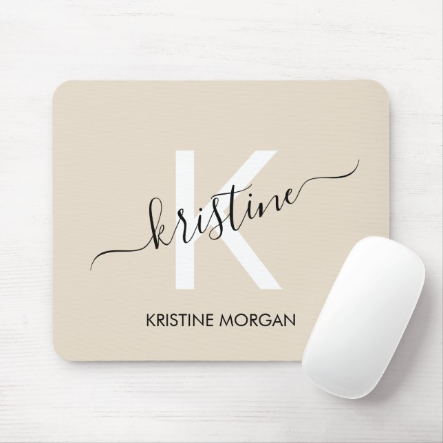Tapis De Souris Nom monogramme du script beige moderne (Avec souris)