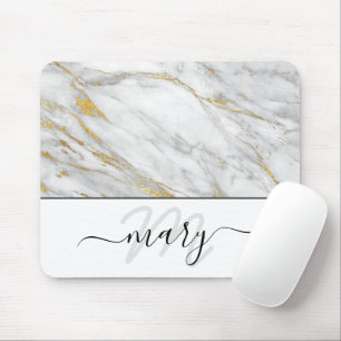 Tapis De Souris Nom Monogramme Marbre Or gris blanc Abstrait