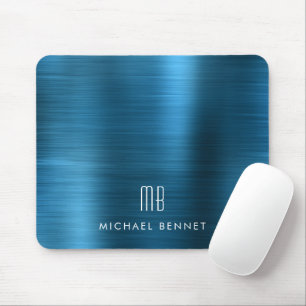 Tapis De Souris Nom Monogramme Métallisé Bleu Élégant