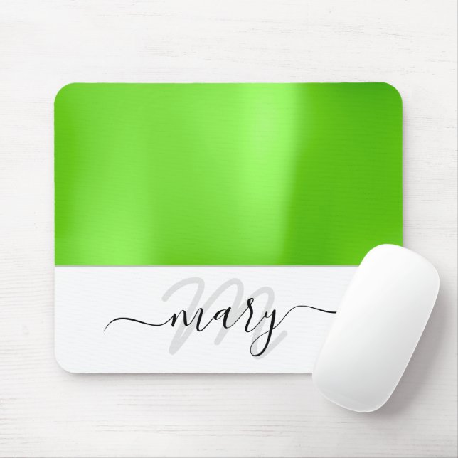 Tapis De Souris Nom Monogramme minimal vert frais blanc moderne (Avec souris)