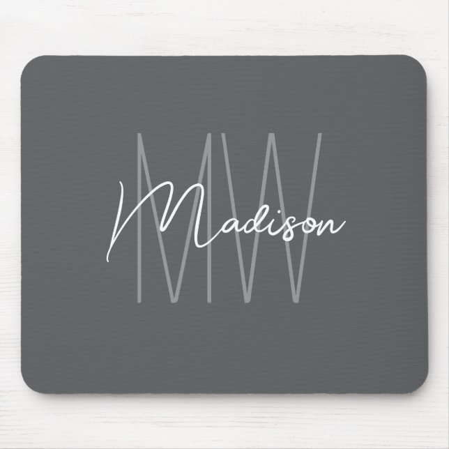 Tapis De Souris Nom Monogramme moderne Script Grey (Devant)