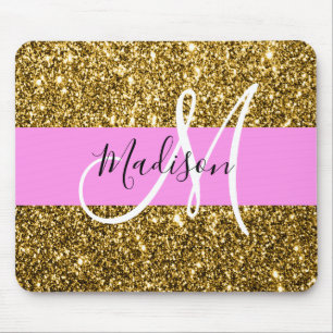 Tapis De Souris Nom Monogramme Paillettes Rose et Or Glamour