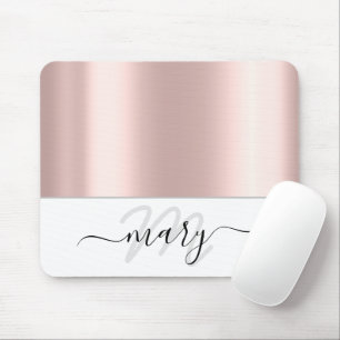 Tapis De Souris Nom Monogramme Rose minimum Blush Blanc moderne