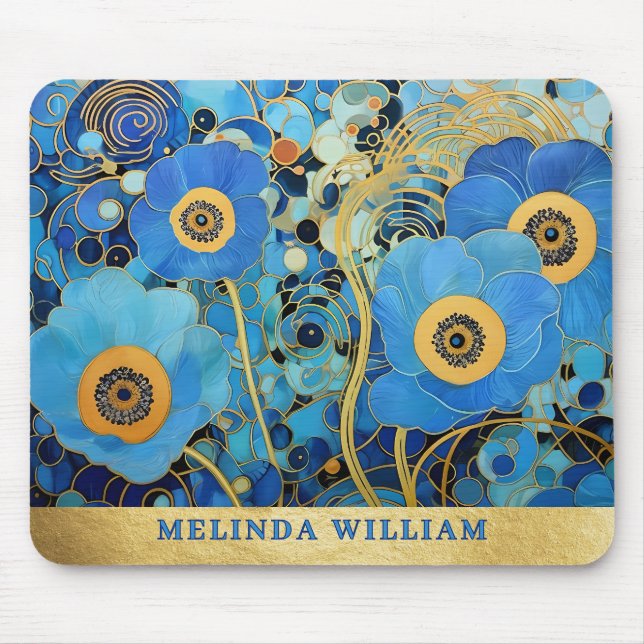 Tapis De Souris Nom personnalisé Art Blue Flowers Or Abstrait (Devant)