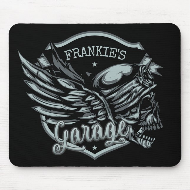Tapis De Souris Nom personnalisé Biker Skull Wings Motorcycle Gara (Devant)