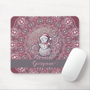 Tapis De Souris Nom personnalisé mignon Whimsical Pink Snowman Man
