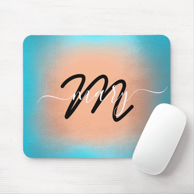 Tapis De Souris Nom personnalisé Monogram Ombre Blue Rose (Avec souris)