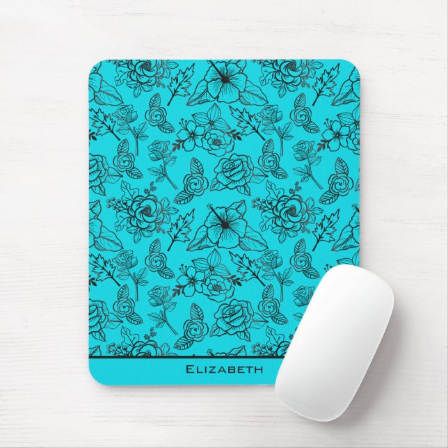 Tapis De Souris Nom personnalisé motif floral bleu transparent (Avec souris)