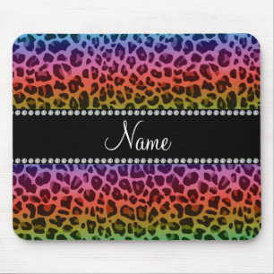 Tapis De Souris Nom personnalisé motif léopard arc-en-ciel