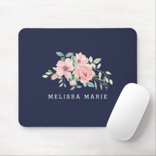 Tapis De Souris Nom personnalisé Navy Floral Watercolor