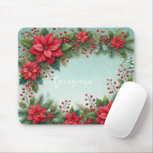 Tapis De Souris Nom personnalisé Noël Floral Aquarelle Poinsettia