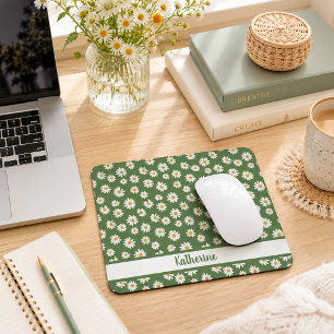Tapis De Souris Nom vert motif floral bohème marguerite