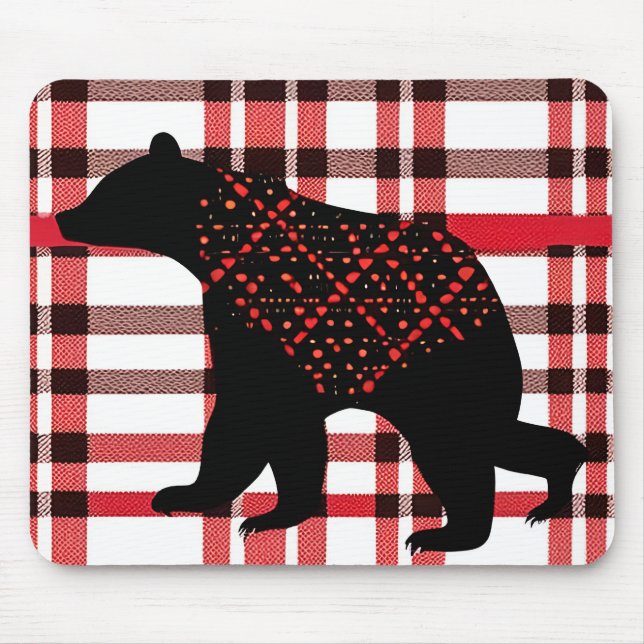 Tapis De Souris Norwood Rustique Ours Noir Silhouette Sur Plaid (Devant)