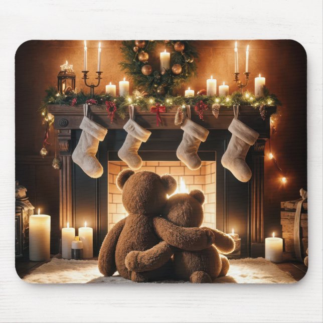 Tapis De Souris Nounours Devant Une Cheminée De Noël (Devant)