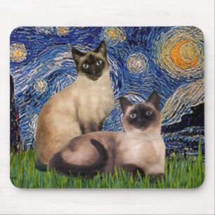 Tapis De Souris Nuit étoilée - Deux chats siamois (Choc Pt)